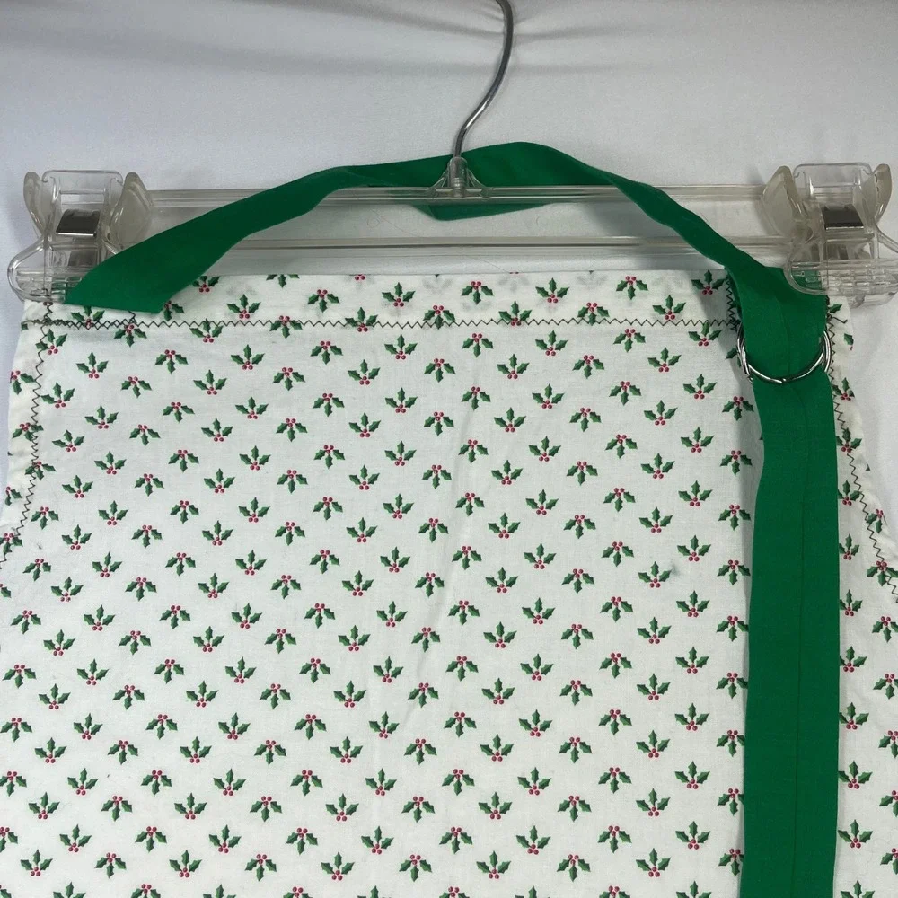 Vintage Handmade Christmas Holly Berry Bib Apron Green Ties Pocket White Cotton
